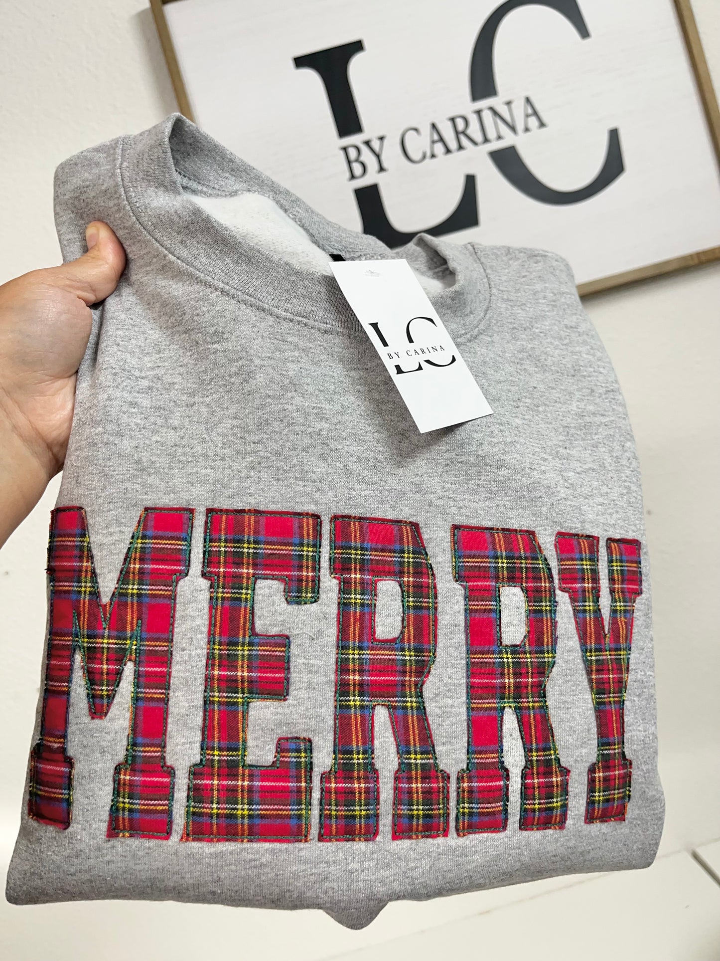 "MERRY” Plaid Applique Sweatshirt