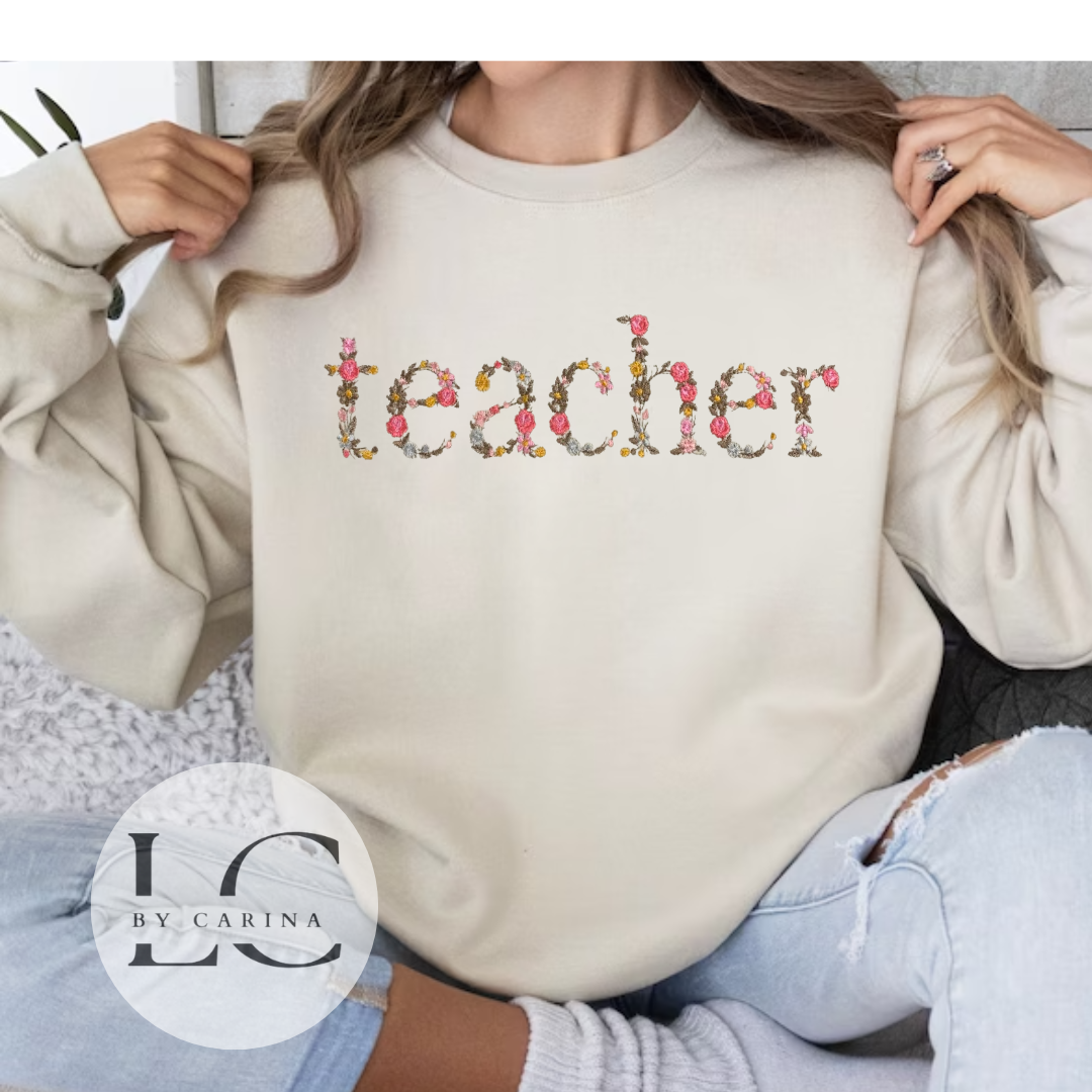 "Teacher" Floral Embroidered Sweatshirt