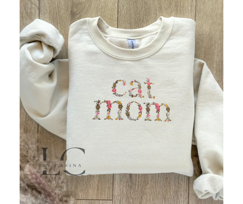 Cat Mom Floral Embroidered Sweatshirt