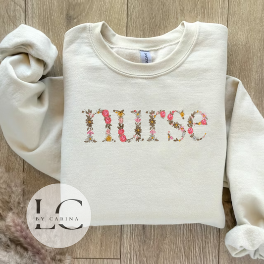 "Nurse" Floral Embroidered Sweatshirt