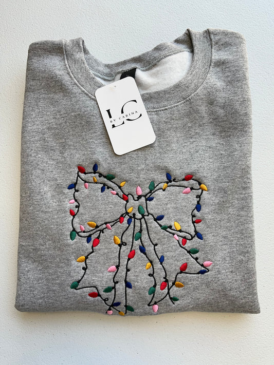 Christmas Lights Bow Embroidered Sweater