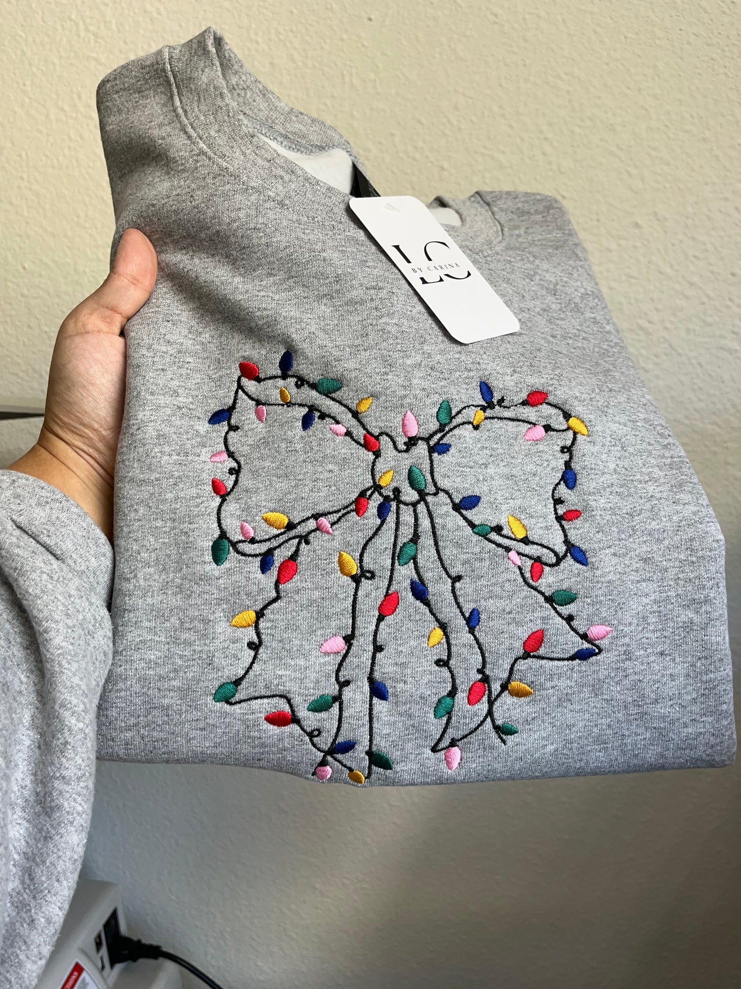 Christmas Lights Bow Embroidered Sweater