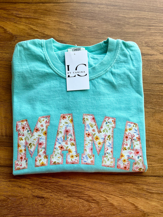 Teal Floral MAMA Embroidered Appliqué Shirt