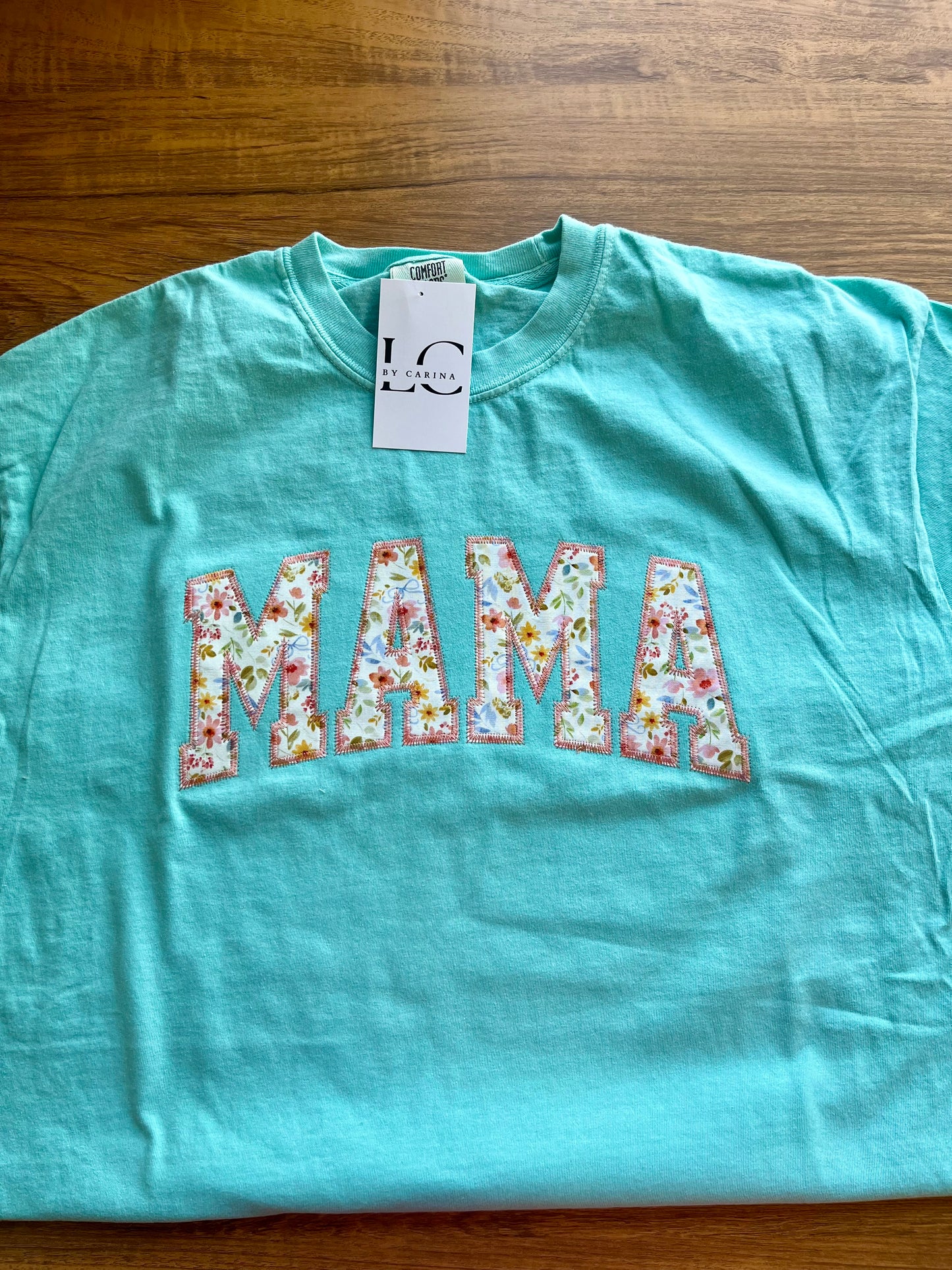 Teal Floral MAMA Embroidered Appliqué Shirt