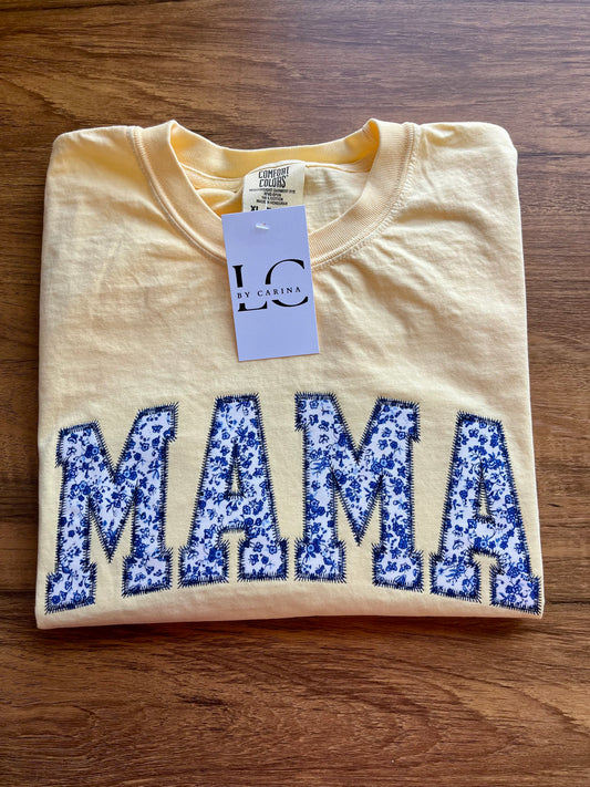Yellow Blue Floral MAMA Embroidered Shirt