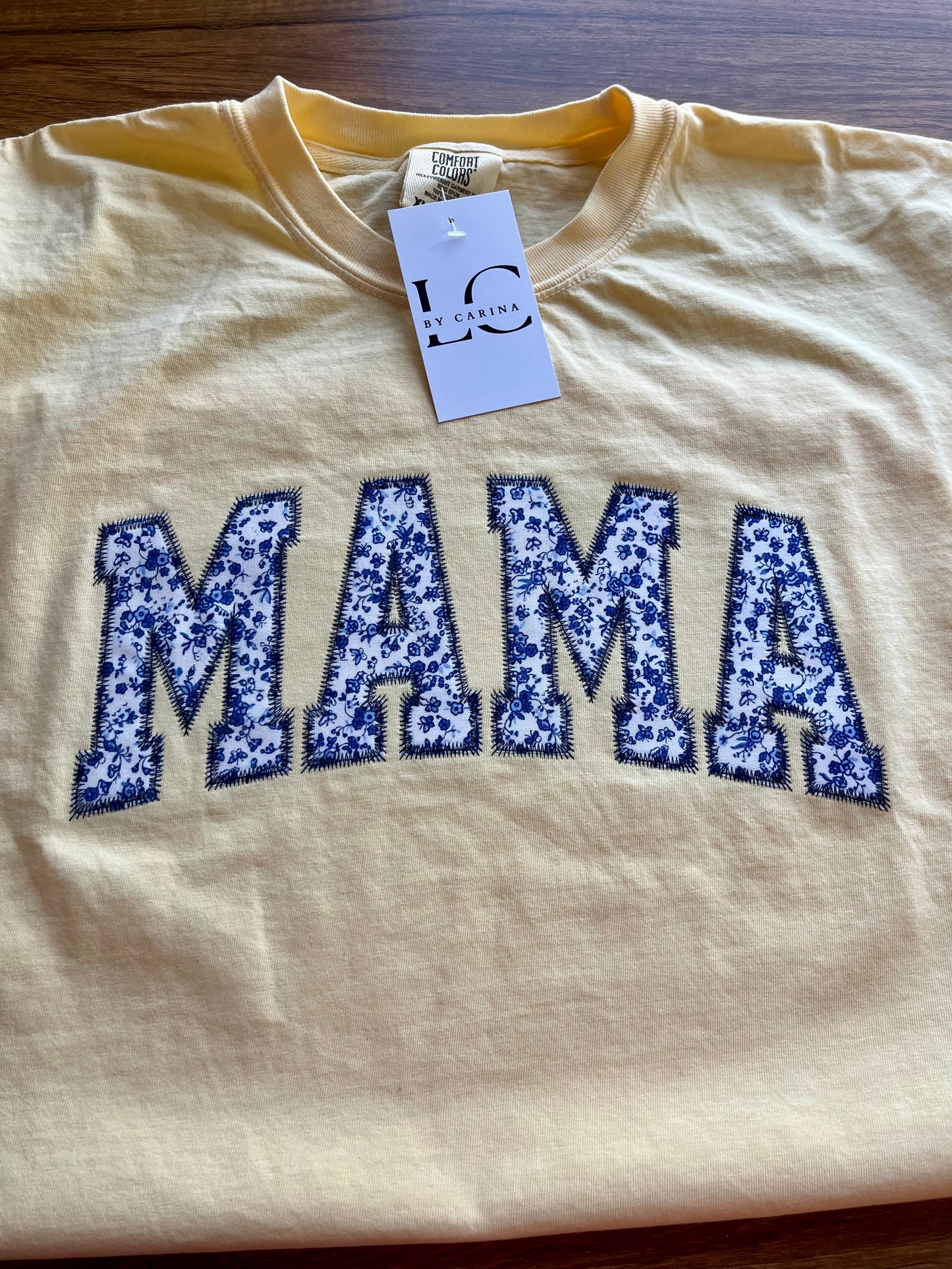 Yellow Blue Floral MAMA Embroidered Shirt