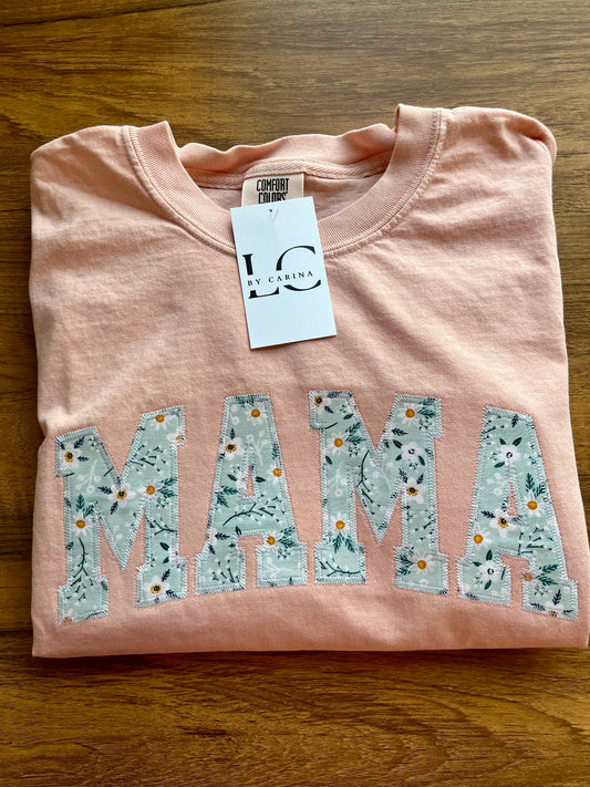 Peach Floral MAMA Embroidered Appliqué Shirt