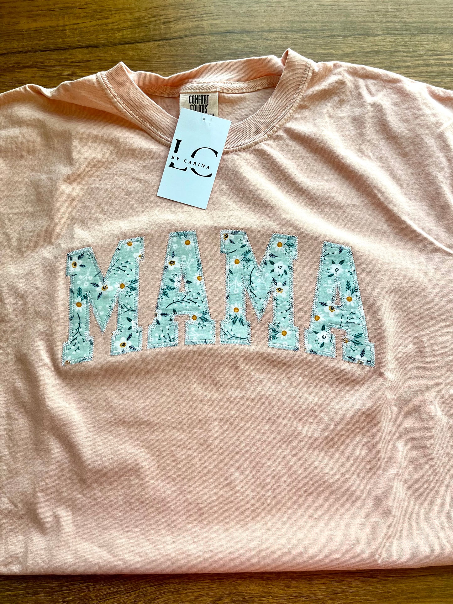 Peach Floral MAMA Embroidered Appliqué Shirt
