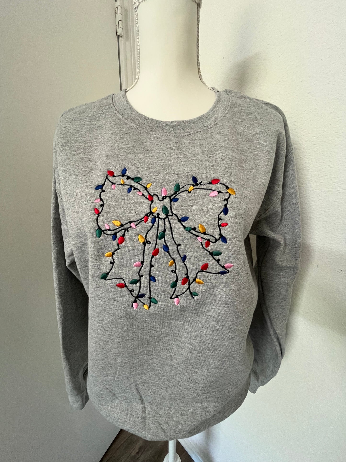 Christmas Lights Bow Embroidered Sweater