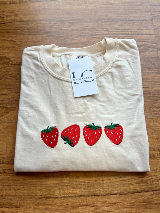 Strawberry Embroidered T-Shirt – Cream