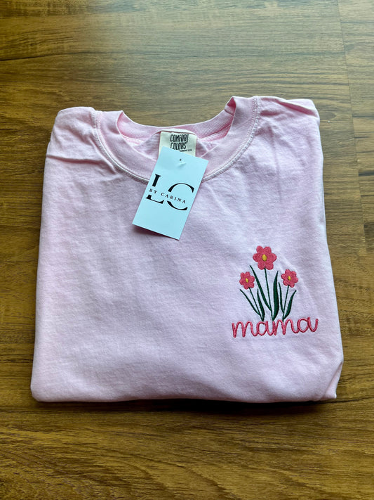 Floral “Mama” Embroidered T-Shirt – Soft Pink