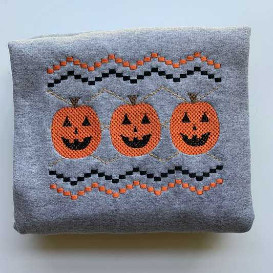 Faux Smocking Jack O' Lanterns Embroidered Sweatshirt- Sport Gray