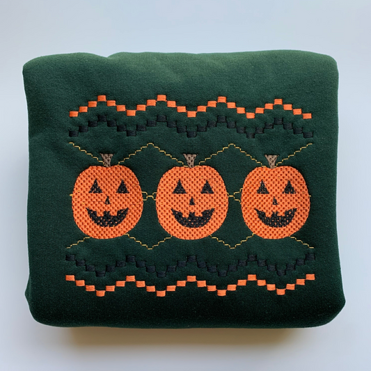 Faux Smocking Jack O' Lanterns Embroidered Sweatshirt- Forest Green