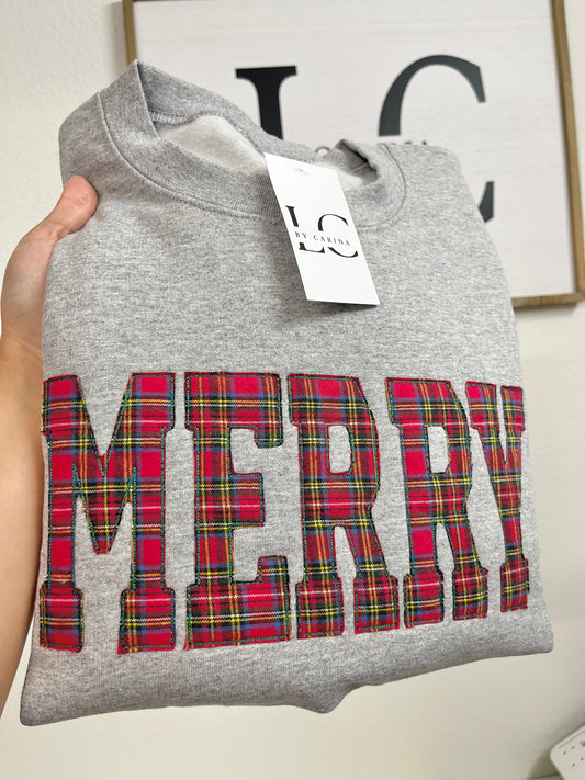 "MERRY” Plaid Applique Sweatshirt