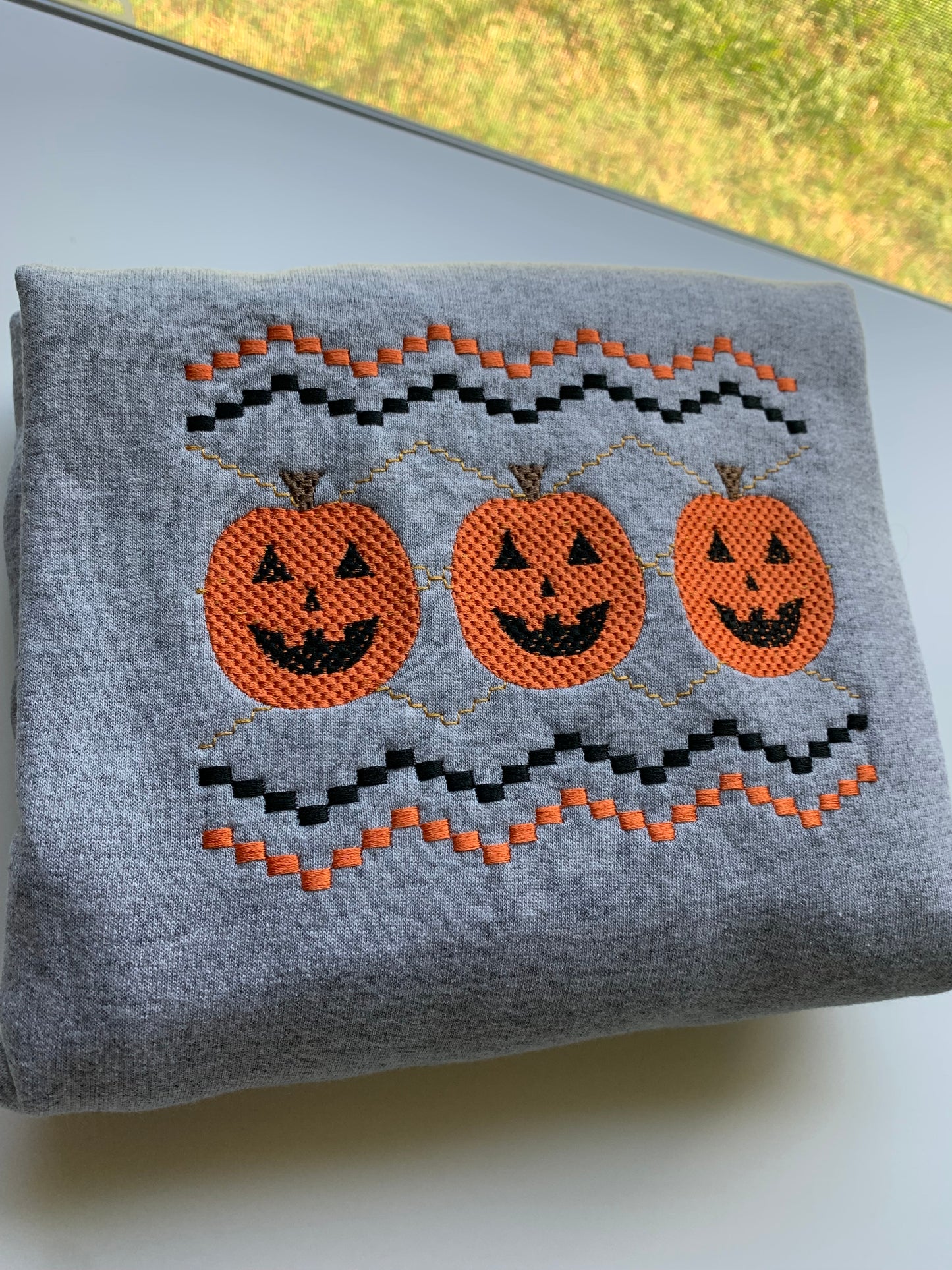 Faux Smocking Jack O' Lanterns Embroidered Sweatshirt- Sport Gray