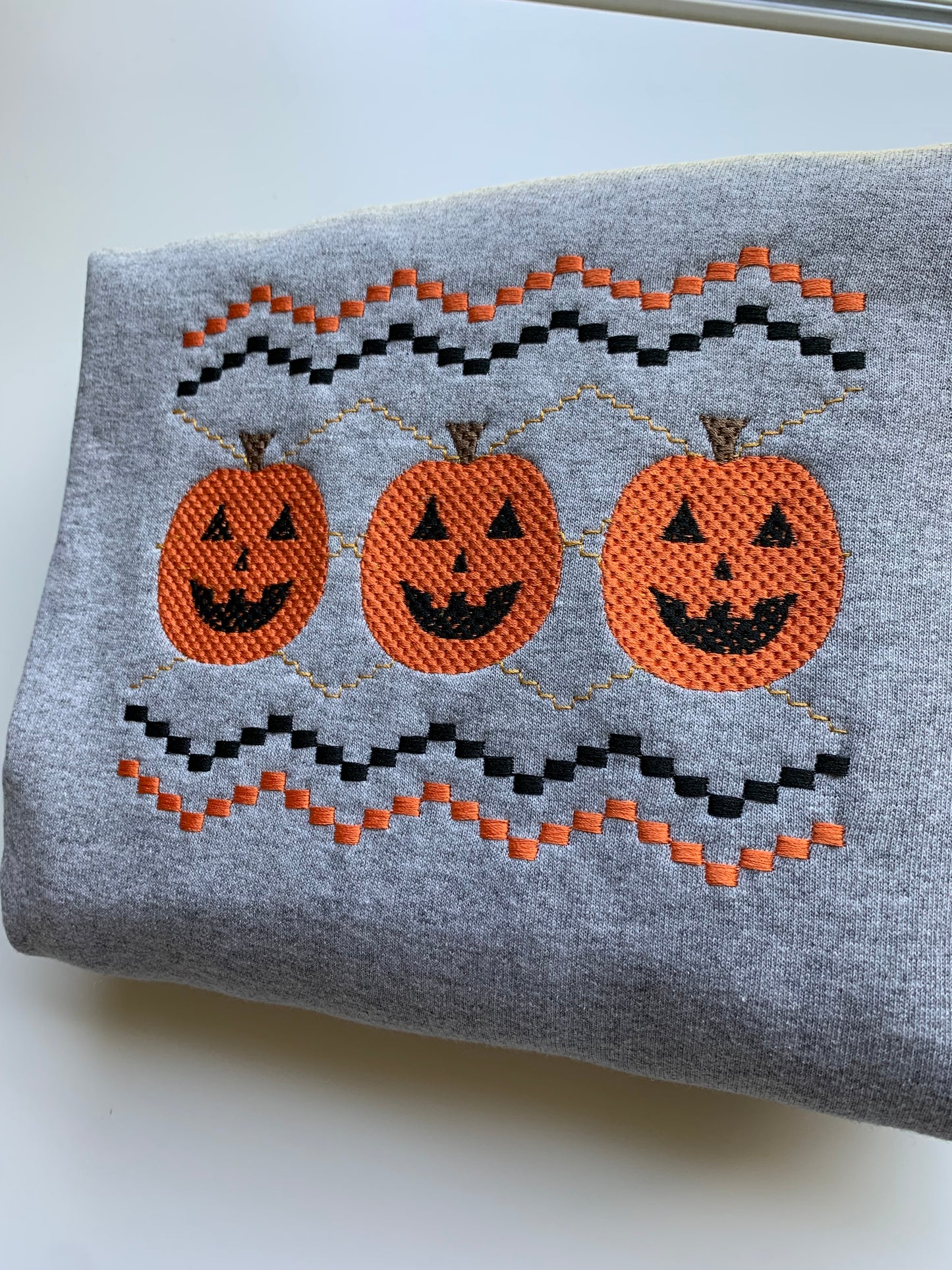 Faux Smocking Jack O' Lanterns Embroidered Sweatshirt- Sport Gray