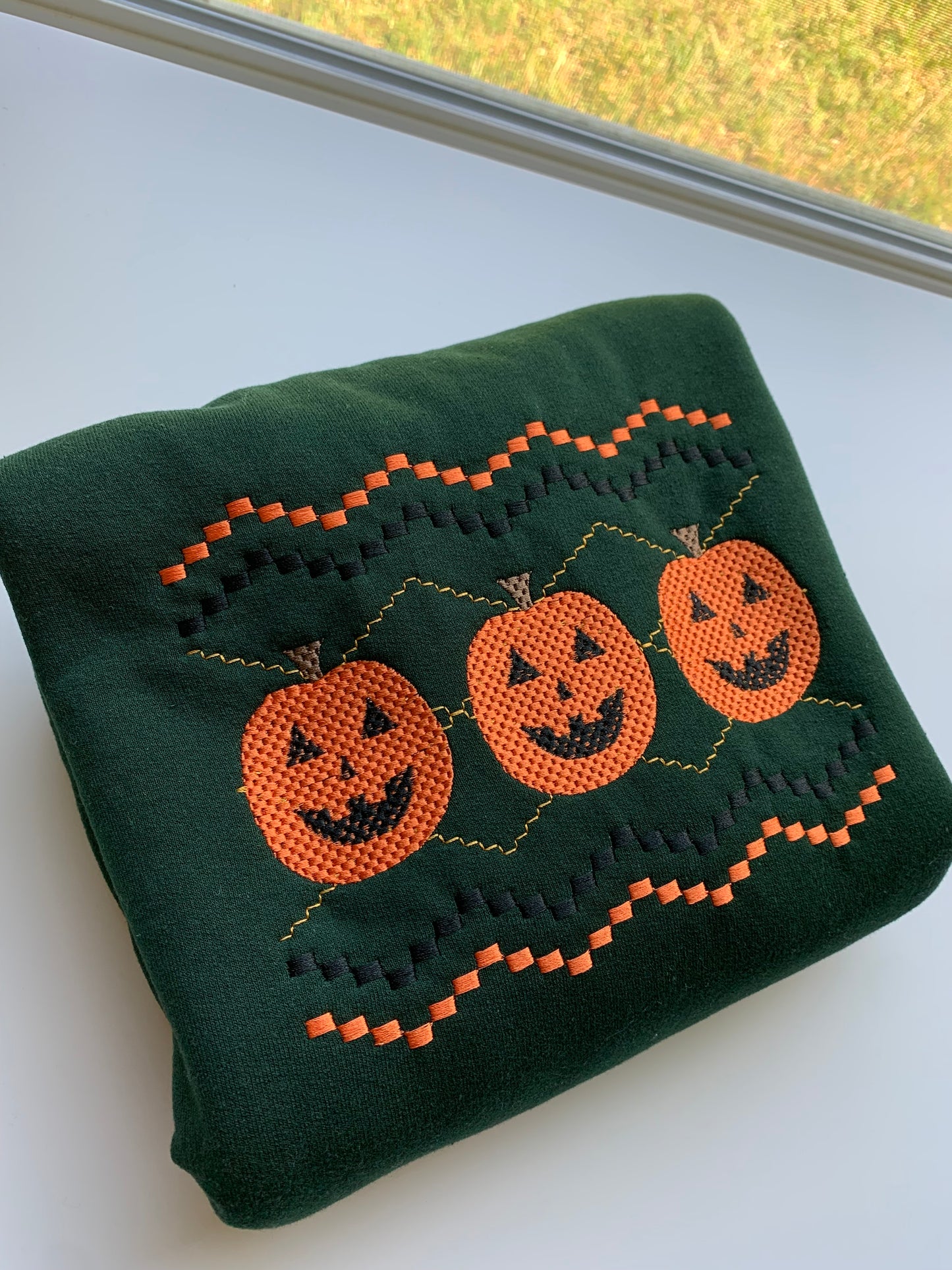 Faux Smocking Jack O' Lanterns Embroidered Sweatshirt- Forest Green