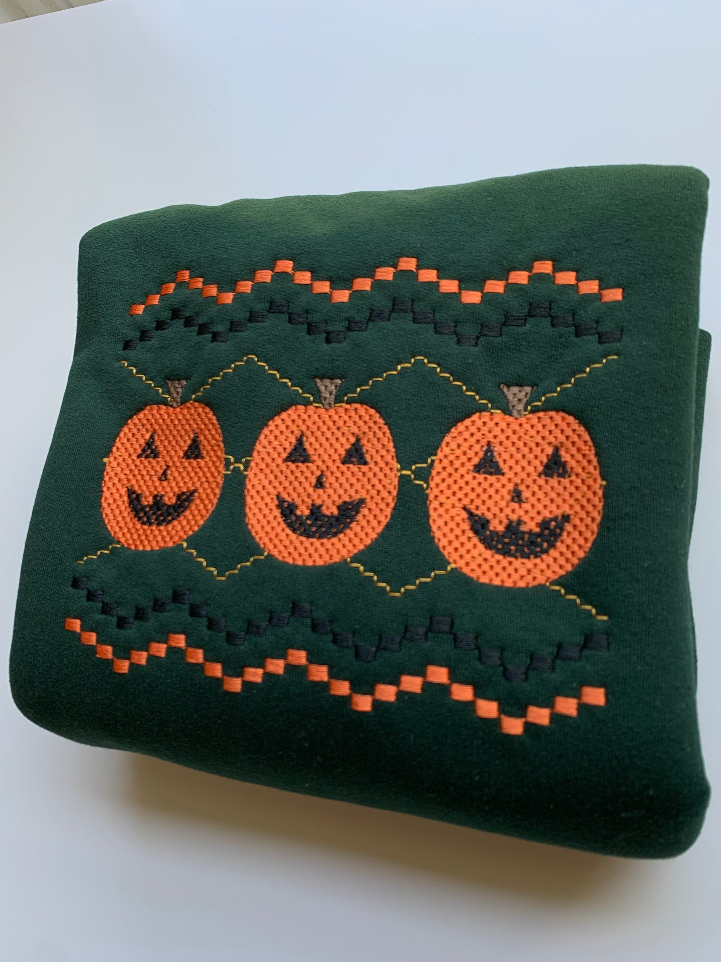 Faux Smocking Jack O' Lanterns Embroidered Sweatshirt- Forest Green