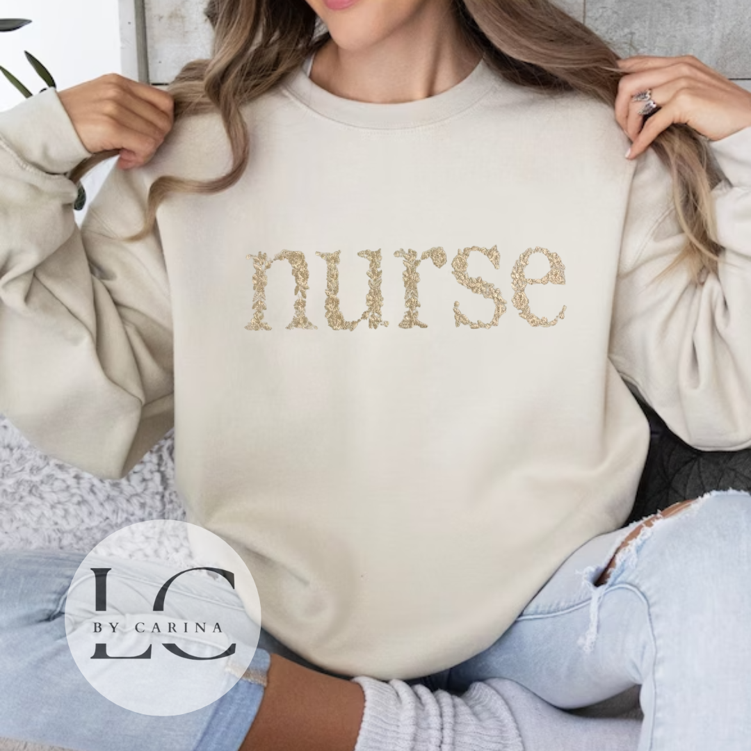 "Nurse" Floral Monochromatic Embroidered Sweatshirt